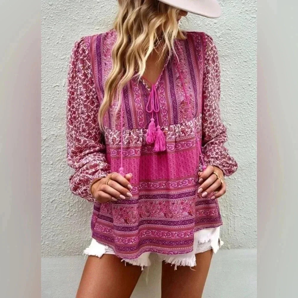 🆕Melloday Boho Multi-prints Flowy Babydoll Top L🆕